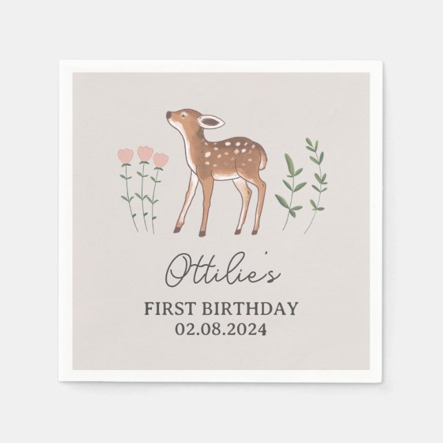 Woodland Fawn Flowers Birthday Pappersservett (Framsidan)