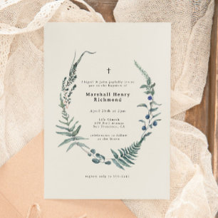 Woodland Fern Forest Berry Christening Baptism Inbjudningar