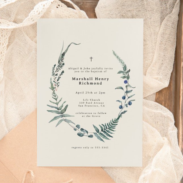Woodland Fern Forest Berry Christening Baptism Inbjudningar (Skapare uppladdad)