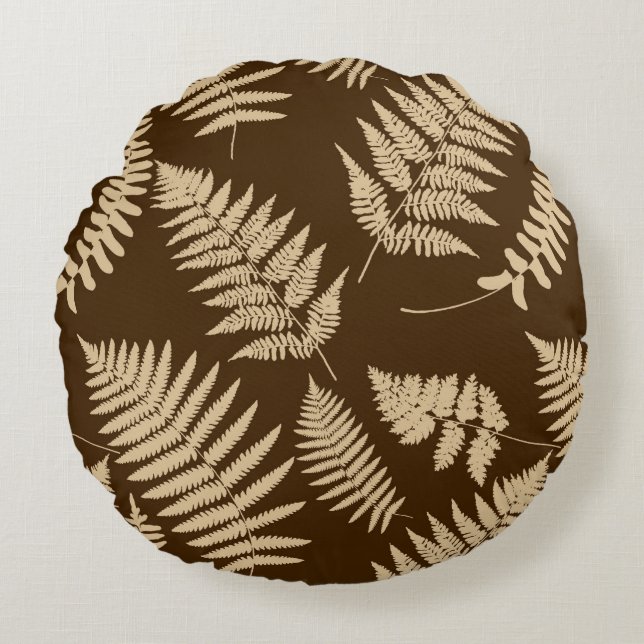 Woodland Fern Mönster, Brown och Beige Rund Kudde (Framsidan)