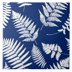 Woodland Fern Mönster, Cobalt Blue och White Kakelplatta