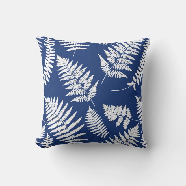 Woodland Fern Mönster, Cobalt Blue och White Kudde (Framsida)