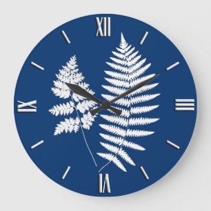 Woodland Fern Mönster, Cobalt Blue och White Stor Klocka