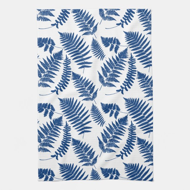 Woodland Fern Mönster, Cobalt Blue på White Kökshandduk (Vertikal)