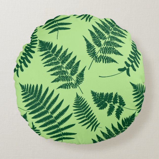 Woodland Fern Mönster, Emerald och Ljust grönt Rund Kudde (Framsidan)