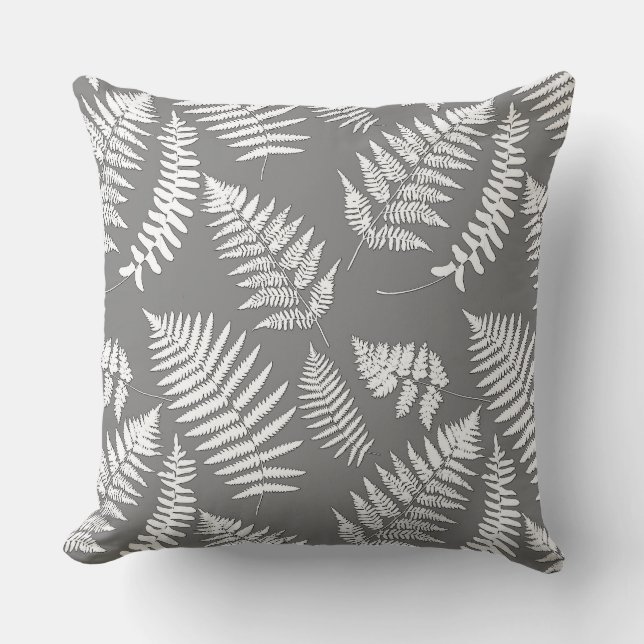 Woodland Fern Mönster, Grått / Grått och vit pipa Kudde (Framsida)