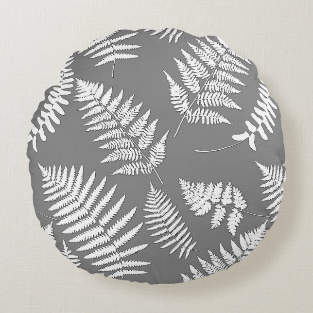 Woodland Fern Mönster, Grått/Grått och vit Rund Kudde (Framsidan)