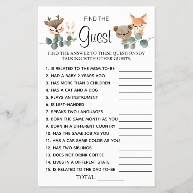 Woodland Find the Guest Baby Shower-spelkort Flygblad (Framsidan)
