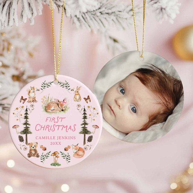 Woodland Flicka Första julfoto Ornament (Pink Baby Girl Christmas Photo Ornament)