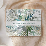 Woodland Foliage | Ändring av Adress meddelande Vykort<br><div class="desc">Dessa botaniska nya adress vykort med trendig har grönt,  blått och grått vattenfärgat blad och eucalyptus löv med faux guld accents.</div>