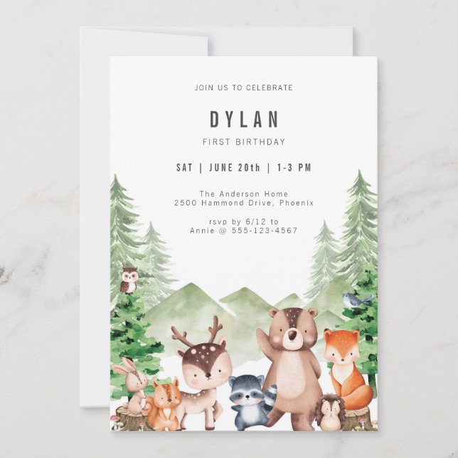 Woodland Forest Animal Boy Birthday Invitation Inbjudningar (Framsida)