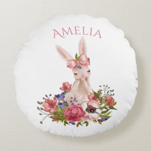 Woodland Forest Animal Rosa Blommigt Namn Rund Kudde