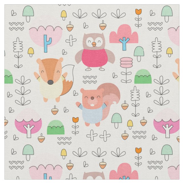 Woodland Forest Animals Baby Fabric Tyg (Närbild)