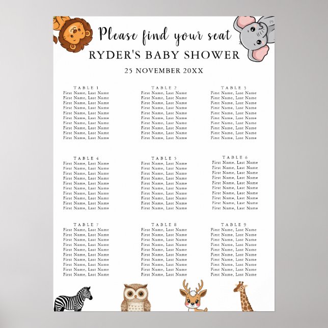 Woodland Forest Animals Baby Shower Seating Charts Poster (Framsidan)