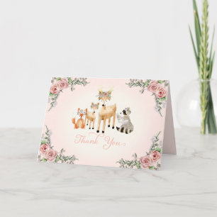 Woodland Forest Animals Boho Ro Blommigt Tack Kort