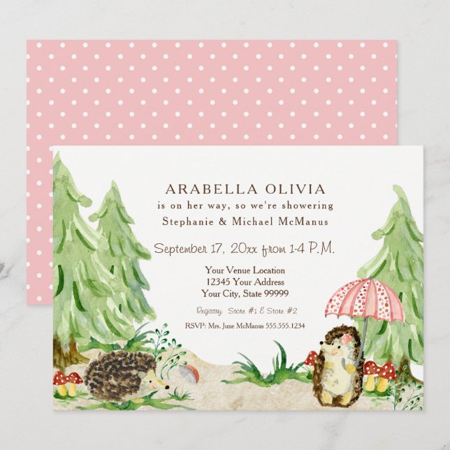 Woodland Forest Animals Hedgehogs Girl Baby Shower Inbjudningar (Fram/baksida)