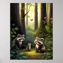 Woodland Forest Animals Raccoon Family AI Art Poster