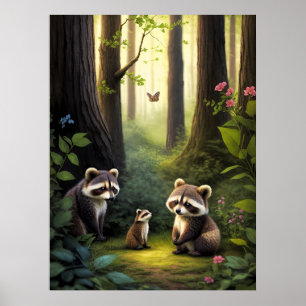 Woodland Forest Animals Raccoon Family AI Art Poster