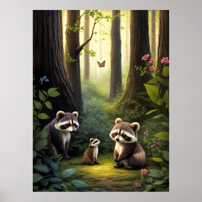 Woodland Forest Animals Raccoon Family AI Art Poster (Framsidan)