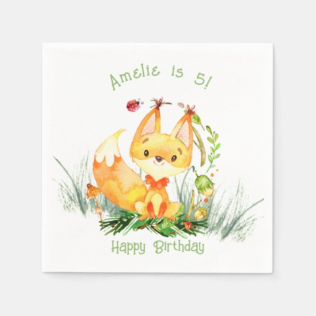 Woodland Forest Fox Cute Birthday Napkins Pappersservett (Framsidan)