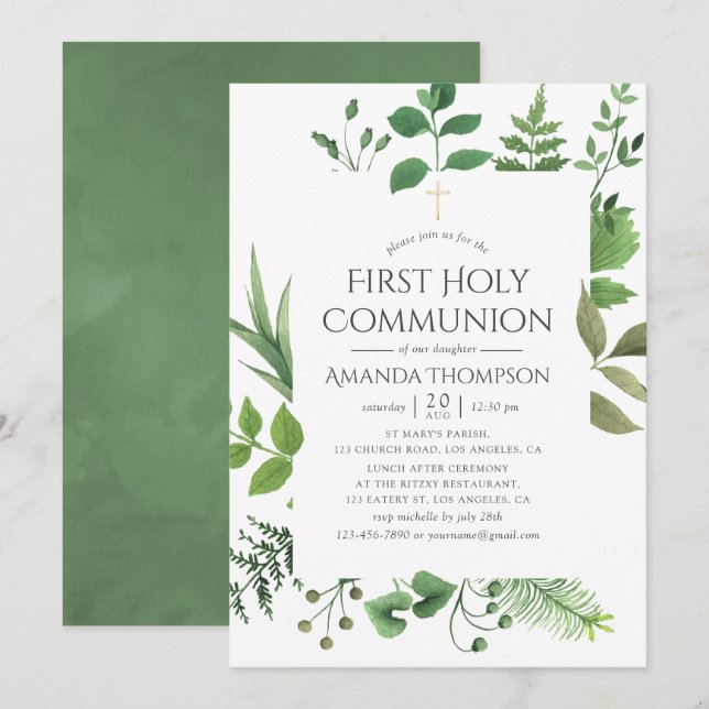 Woodland Forest Greenery First Heliga Communion Inbjudningar (Fram/baksida)