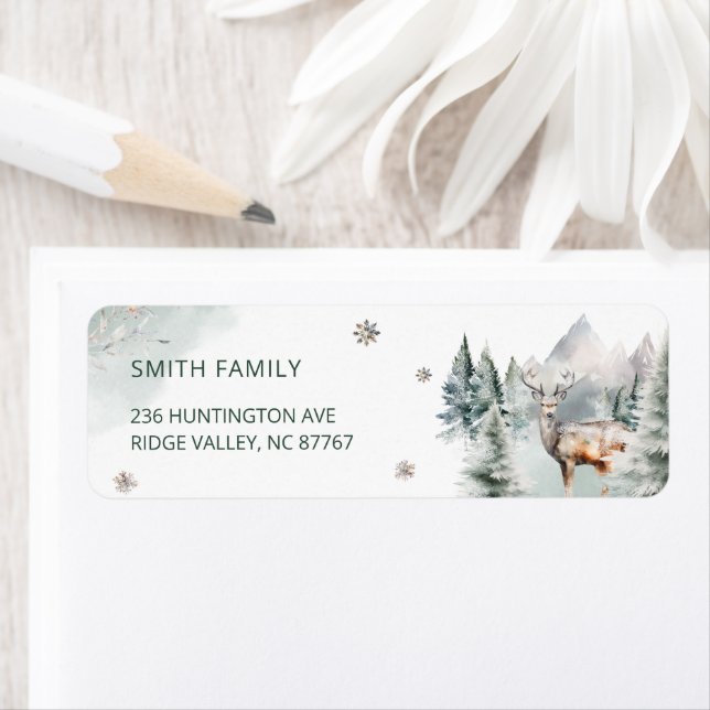 Woodland Forest Hjort Winter Baby Returadress Etikett (Insitu)