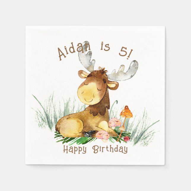 Woodland Forest Moose Cute Birthday Pappersservett (Framsidan)