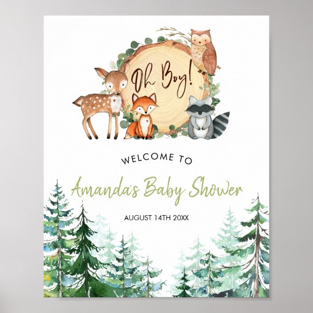 Woodland Forest Oh Boy Baby Shower Välkommen Poster (Framsidan)