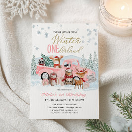 Woodland Forest Pink Truck ONEderland 1st Birthday Inbjudningar