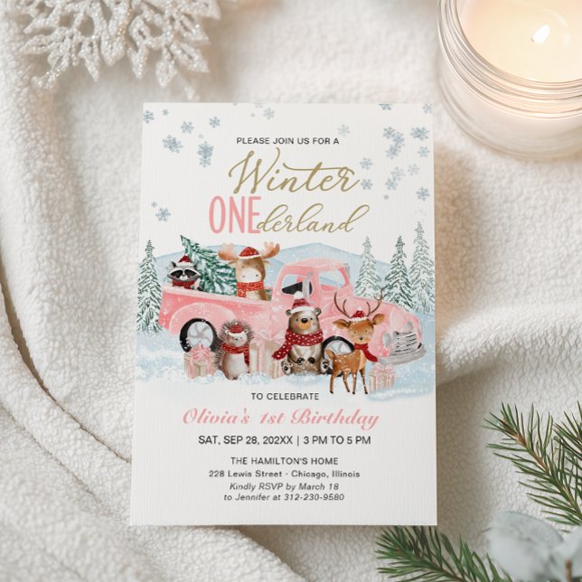 Woodland Forest Pink Truck ONEderland 1st Birthday Inbjudningar (Skapare uppladdad)