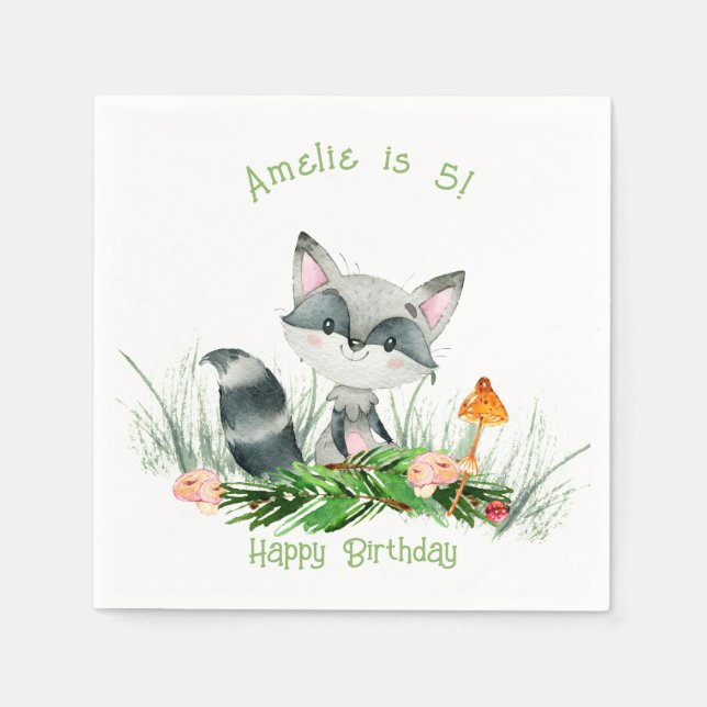 Woodland Forest Raccoon Cute Birthday Napkins Pappersservett (Framsidan)