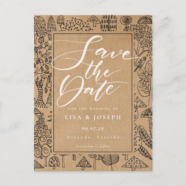 Woodland Forest Rustic Kraft-skript Spara datumet Meddelande Vykort (Framsida)