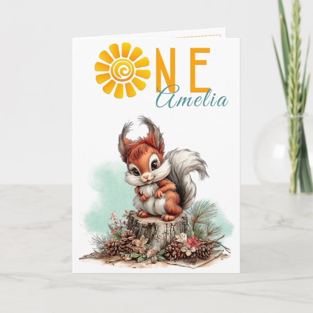 Woodland Forest Squirrel First Birthday Card Kort (Framsida)