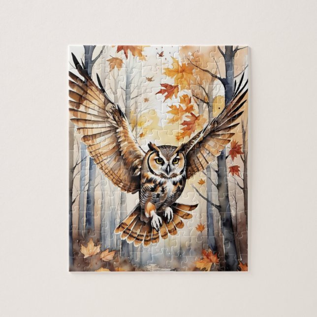 Woodland Forest Watercolor Owl Fall Animal Pussel (Vertikal)