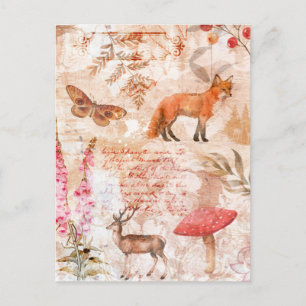 Woodland Forest Wildlife Fox Hjort Butterfly Autum Vykort