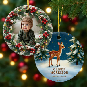 Woodland Första jul Baby Hjort-Personligen Julgransprydnad Keramik