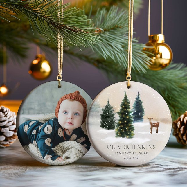 Woodland Första jul med Birthats Foto Julgransprydnad Keramik (Woodland Personalized First Christmas Ornament)
