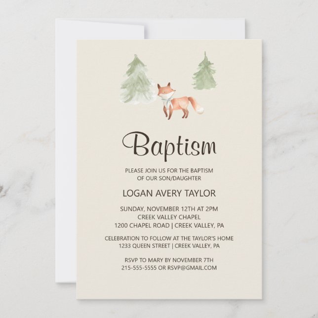 Woodland Fox Baby Baptism Inbjudningar (Framsida)