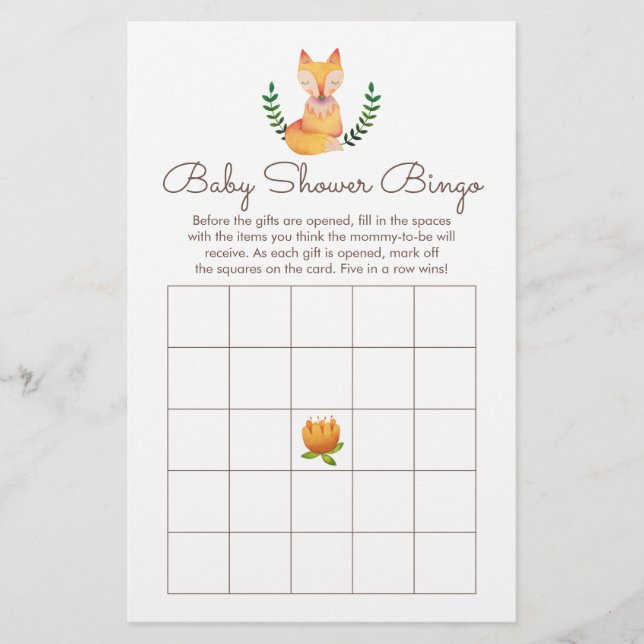 Woodland Fox Baby Shower Bingo Game (Framsida)
