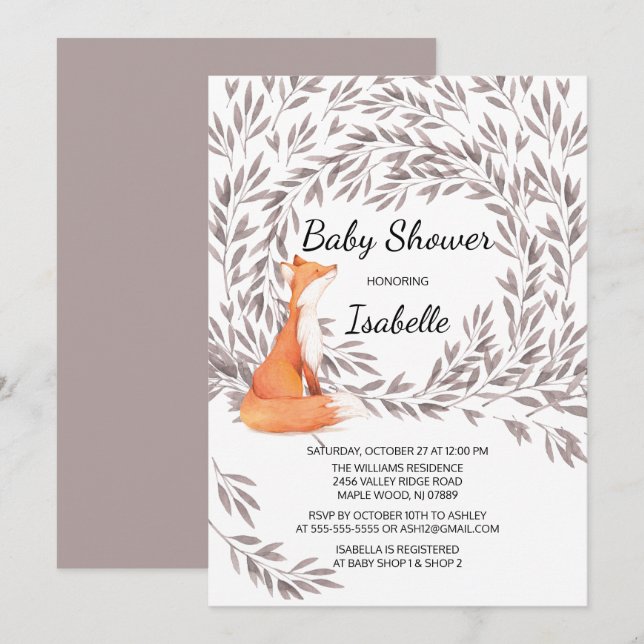 Woodland Fox Baby Shower Inbjudan (Fram/baksida)