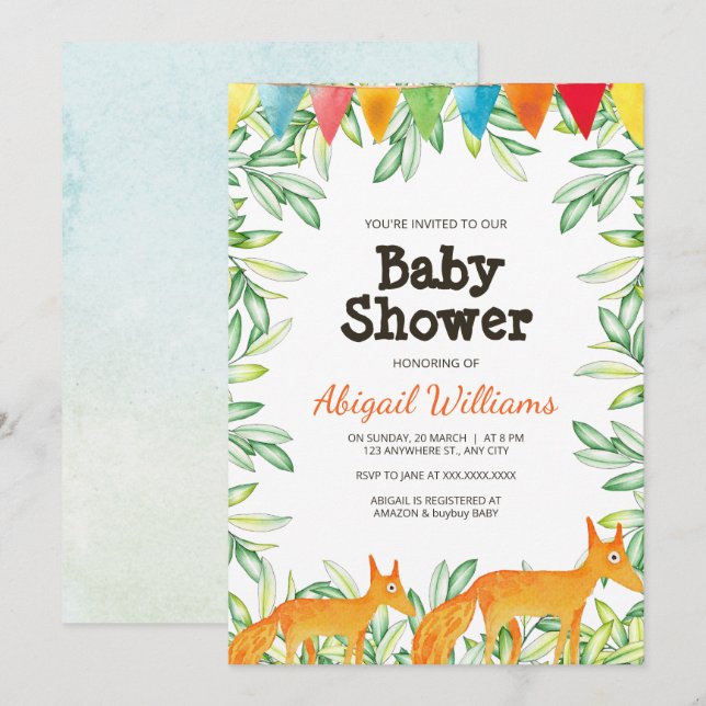 Woodland Fox Baby Shower Inbjudningar (Fram/baksida)