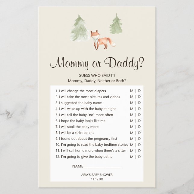 Woodland Fox Baby Shower Mamma eller pappa Game Flygblad (Framsidan)