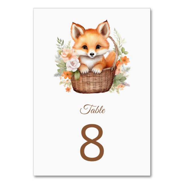 Woodland Fox Baby Shower Party Table Number Bordsnummer (Framsidan)