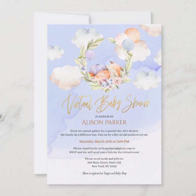 Woodland Fox Blå himmel Dream | Virtuella babyskor Inbjudningar (Framsida)