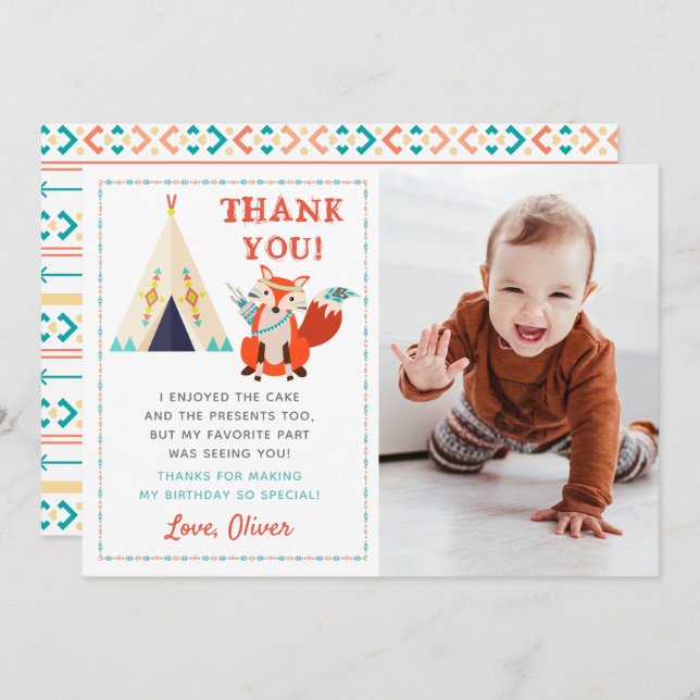 Woodland Fox Boho Birthday Photo - tackkort Inbjudningar (Fram/baksida)