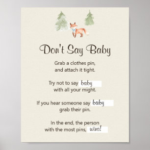 Woodland Fox Boy Shower Säg inte Baby Game Poster