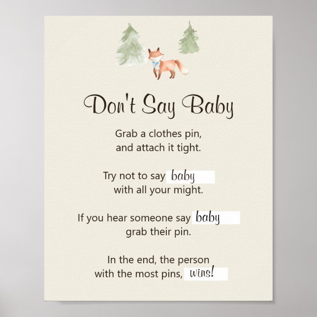 Woodland Fox Boy Shower Säg inte Baby Game Poster (Framsidan)