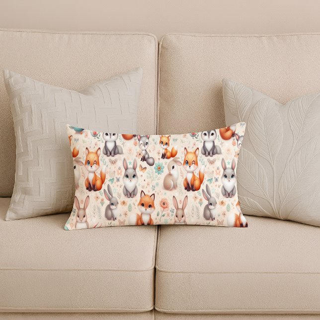 Woodland Fox Bunny Watercolor Nursery Lumbar Pillo Lumbarkudde (Woodland Fox Bunny Watercolor Nursery Lumbar Pillow)