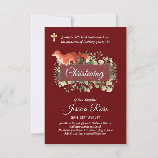 Woodland Fox Christening Inbjudan Baptism (Framsida)