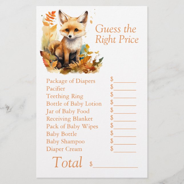 Woodland Fox Cute Baby Shower Gissa Höger Pris (Framsida)